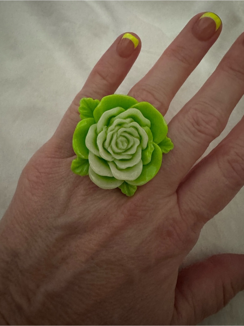 Vintage Lime Green Carved Resin Rose Statement Ring Size 8